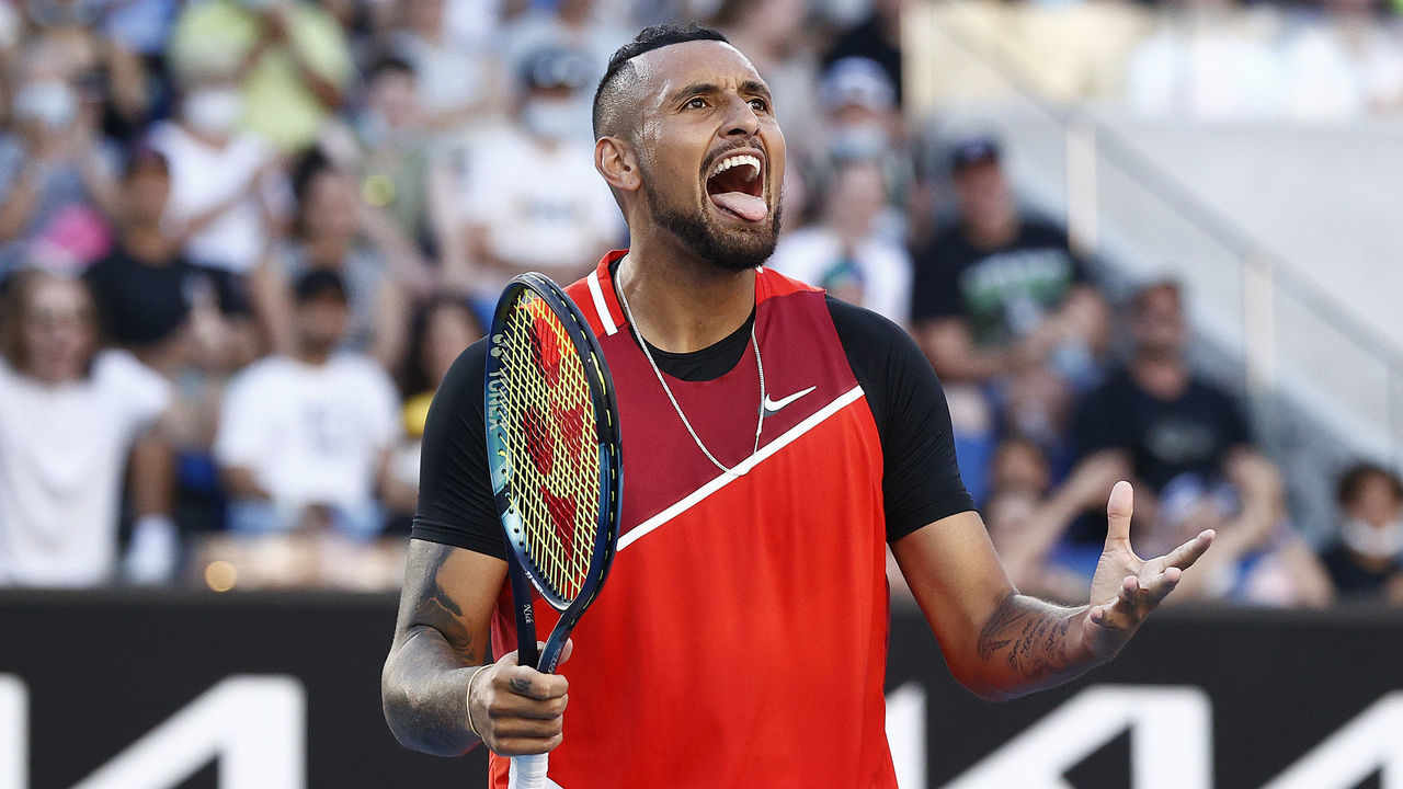 MELBOURNE, AUSTRALIA - JANUARY 21: Nick Kyrgios of Australia reacts in his second round doubles match against Nikola Mektic of Croatia and Mate Pavic of Croatia during day five of the 2022 Australian Open at Melbourne Park on January 21, 2022 in Melbourne, Australia.