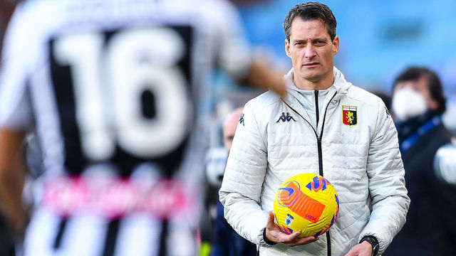 GENOA, ITALY - JANUARY 22: Alexander Blessin head coach of Genoa holds the ball during the Serie A match between Genoa CFC and Udinese Calcio at Stadio Luigi Ferraris on January 22, 2022 in Genoa, Italy.