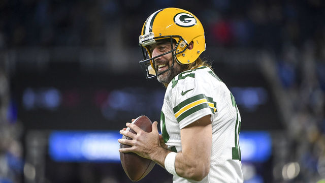DETROIT, MICHIGAN - JANUARY 09: Aaron Rodgers #12 of the Green Bay Packers warms up before the game against the Detroit Lions at Ford Field on January 09, 2022 in Detroit, Michigan.