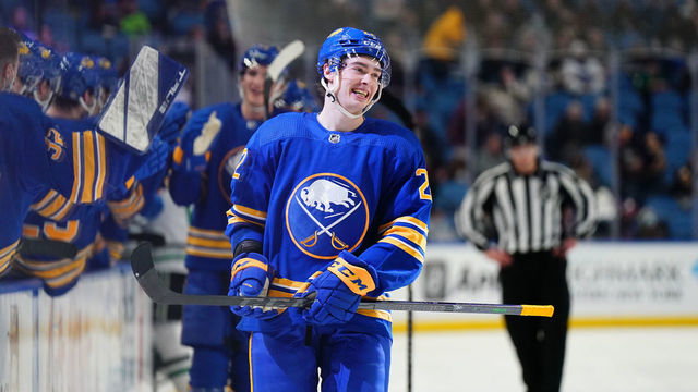 BUFFALO, NY - JANUARY 20: Jack Quinn #22 of the Buffalo Sabres celebrates his first career NHL goal during a game against the Dallas Stars on January 20, 2022 at KeyBank Center in Buffalo, New York.