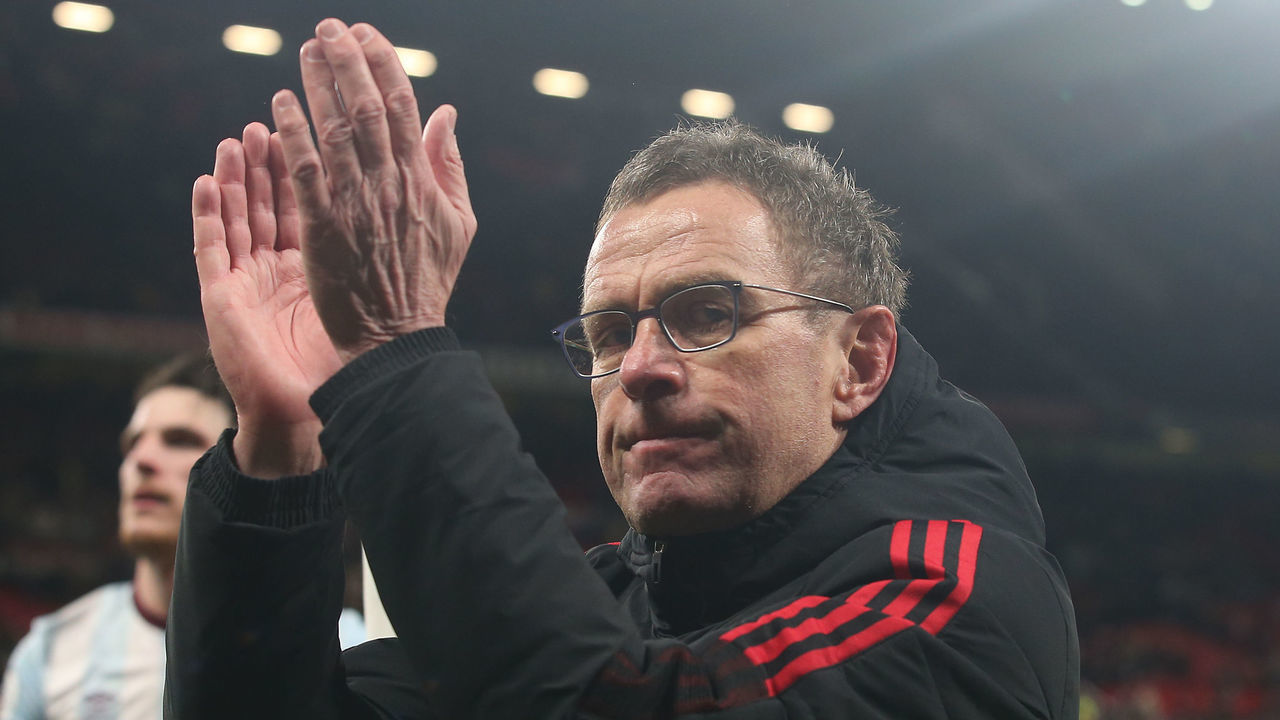 MANCHESTER, ENGLAND - JANUARY 22: Interim Manager Ralf Rangnick of Manchester United celebrates after the Premier League match between Manchester United and West Ham United at Old Trafford on January 22, 2022 in Manchester, England.