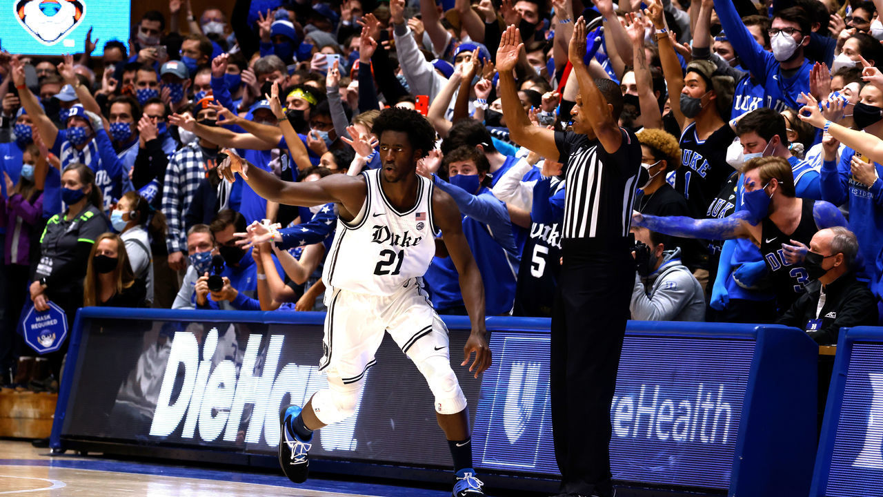 DURHAM, NC - JANUARY 22: AJ Griffin #21 of the Duke Blue Devils reacts following a three-point basket against the Syracuse Orange in the second half at Cameron Indoor Stadium on January 22, 2022 in Durham, North Carolina.