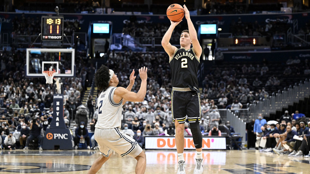 WASHINGTON, DC - JANUARY 22: Collin Gillespie #2 of the Villanova Wildcats shoots the ball in the second half against the Georgetown Hoyas at Capital One Arena on January 22, 2022 in Washington, DC.