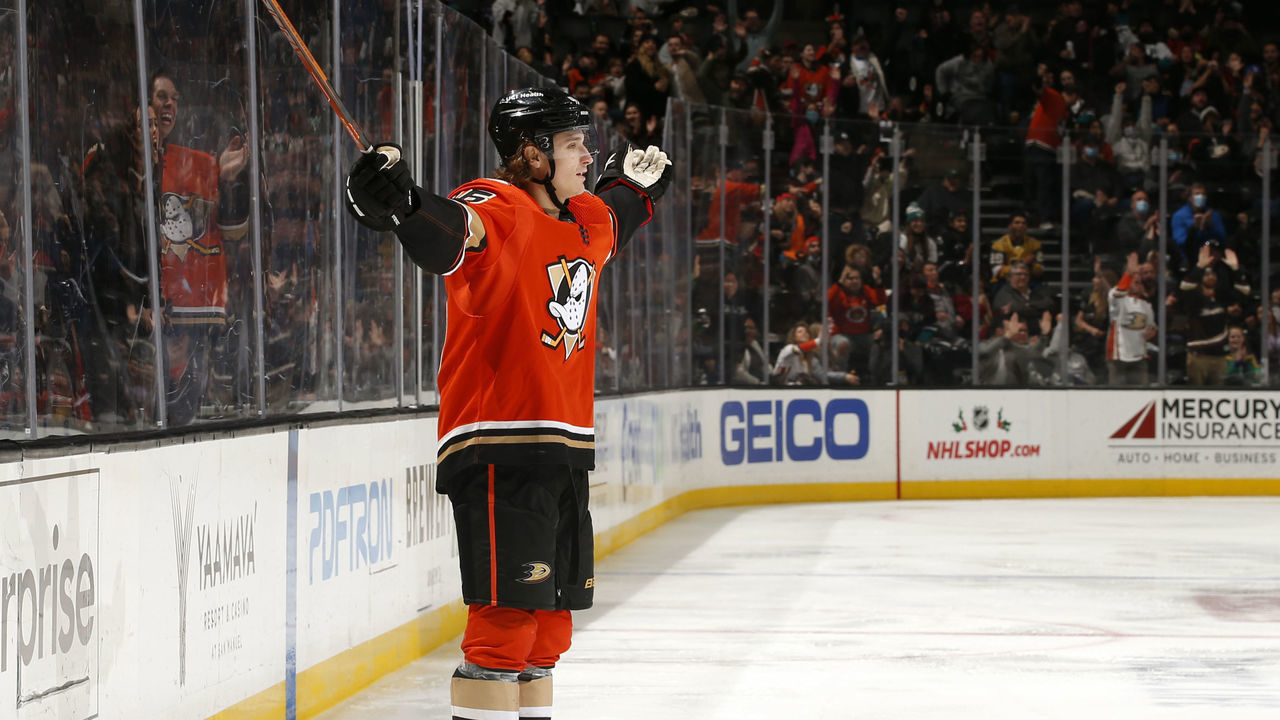 ANAHEIM, CA - DECEMBER 17: Trevor Zegras #46 of the Anaheim Ducks celebrates a goal during the game against the Arizona Coyotes at Honda Center on December 17, 2021 in Anaheim, California.