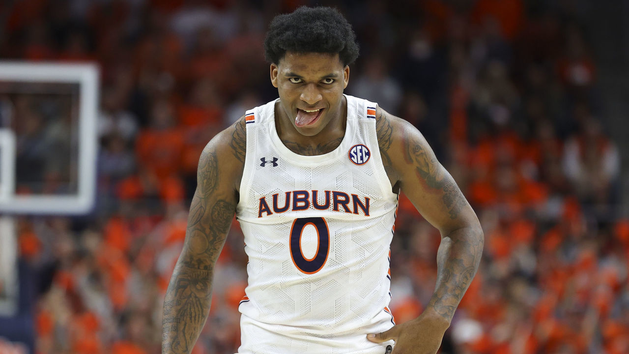 AUBURN, AL - JANUARY 22: K.D. Johnson #0 of the Auburn Tigers reacts during the first half against the Kentucky Wildcats at Auburn Arena on January 22, 2022 in Auburn, Alabama.