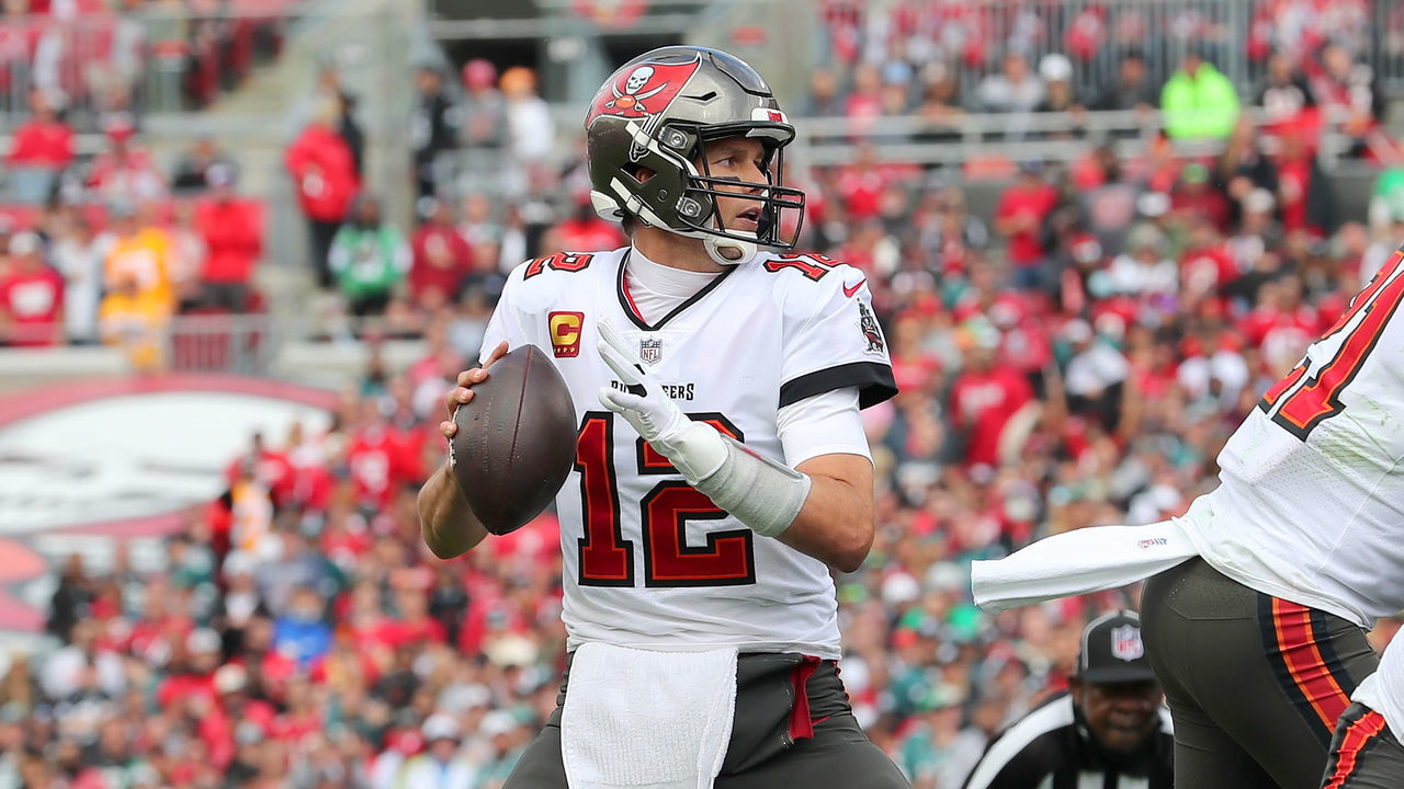 TAMPA, FL - JANUARY 16: Tampa Bay Buccaneers Quarterback Tom Brady (12) throws a pass during the NFL Wild Card game between the Philadelphia Eagles and the Tampa Bay Buccaneers on January 16, 2022 at Raymond James Stadium in Tampa, Florida.
