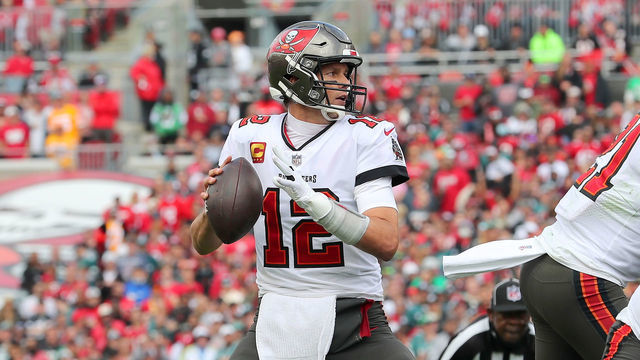TAMPA, FL - JANUARY 16: Tampa Bay Buccaneers Quarterback Tom Brady (12) throws a pass during the NFL Wild Card game between the Philadelphia Eagles and the Tampa Bay Buccaneers on January 16, 2022 at Raymond James Stadium in Tampa, Florida.
