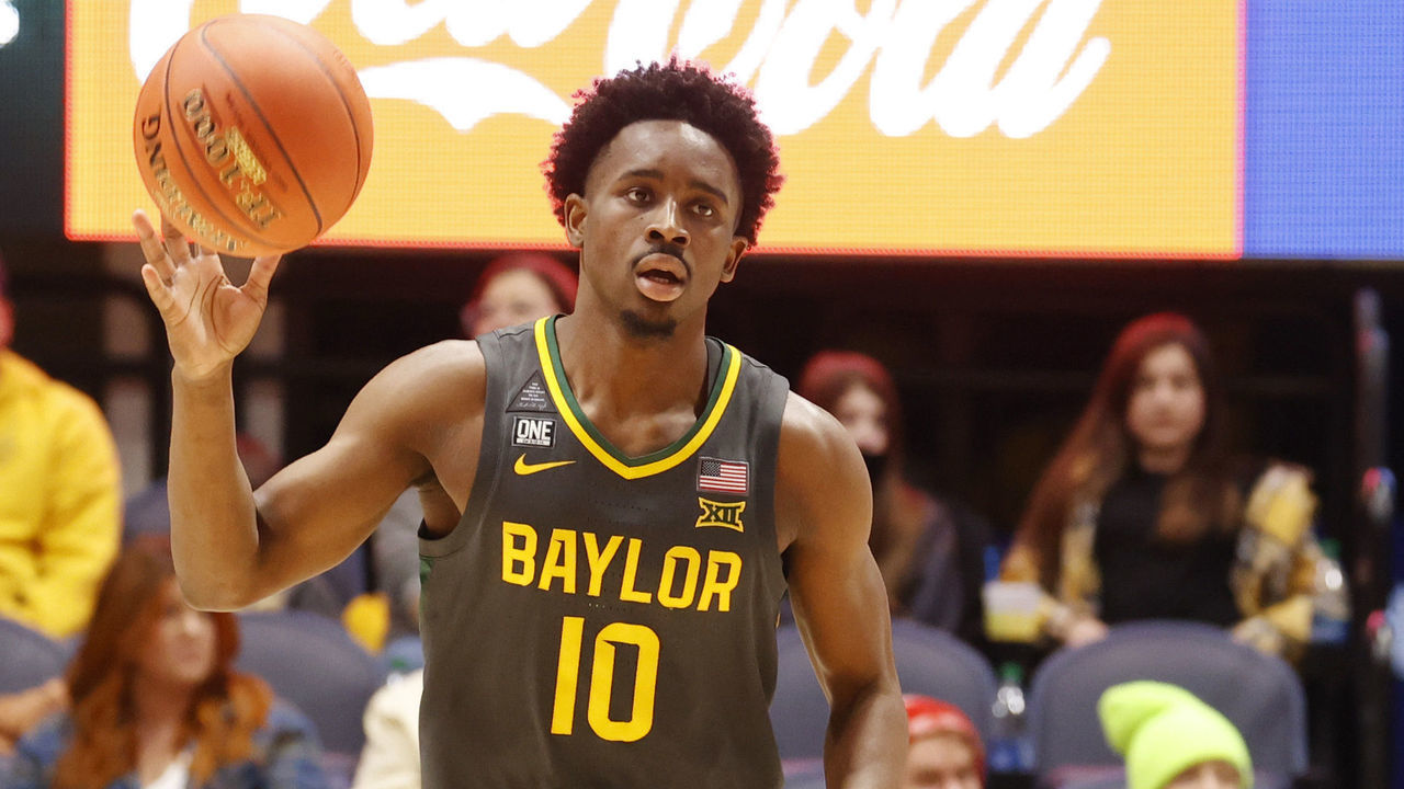 MORGANTOWN, WV - JANUARY 18: Baylor Bears guard Adam Flagler (10) brings the ball up court against the West Virginia Mountaineers on January 18, 2022 at WVU Coliseum in Morgantown, West Virginia.