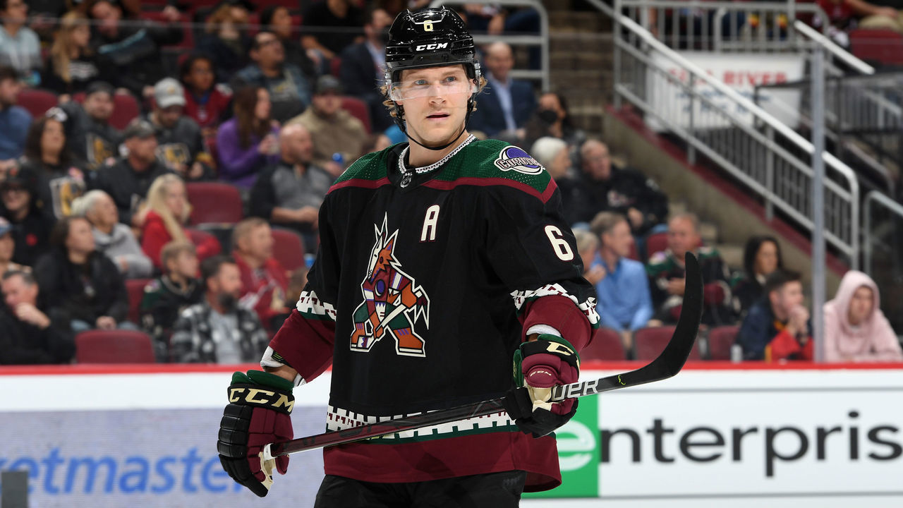 GLENDALE, ARIZONA - DECEMBER 03: Jakob Chychrun #6 of the Arizona Coyotes gets ready during a face off against the Vegas Golden Knights at Gila River Arena on December 03, 2021 in Glendale, Arizona.