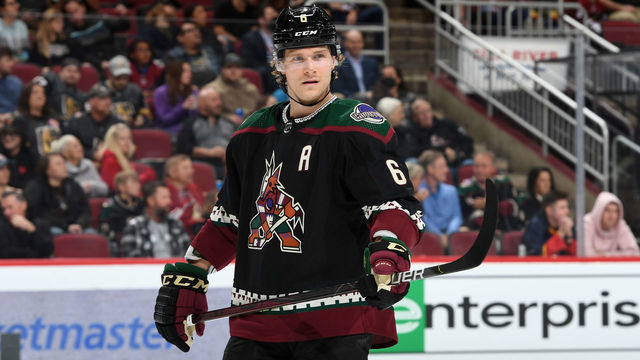 GLENDALE, ARIZONA - DECEMBER 03: Jakob Chychrun #6 of the Arizona Coyotes gets ready during a face off against the Vegas Golden Knights at Gila River Arena on December 03, 2021 in Glendale, Arizona.