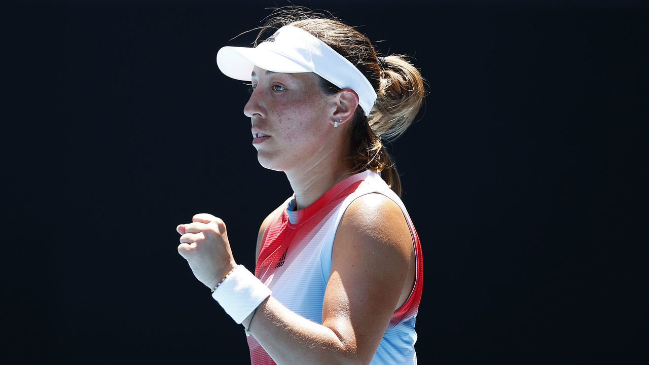 MELBOURNE, AUSTRALIA - JANUARY 23: Jessica Pegula of United States celebrates a point in her fourth round singles match against Maria Sakkari of Greece during day seven of the 2022 Australian Open at Melbourne Park on January 23, 2022 in Melbourne, Australia.