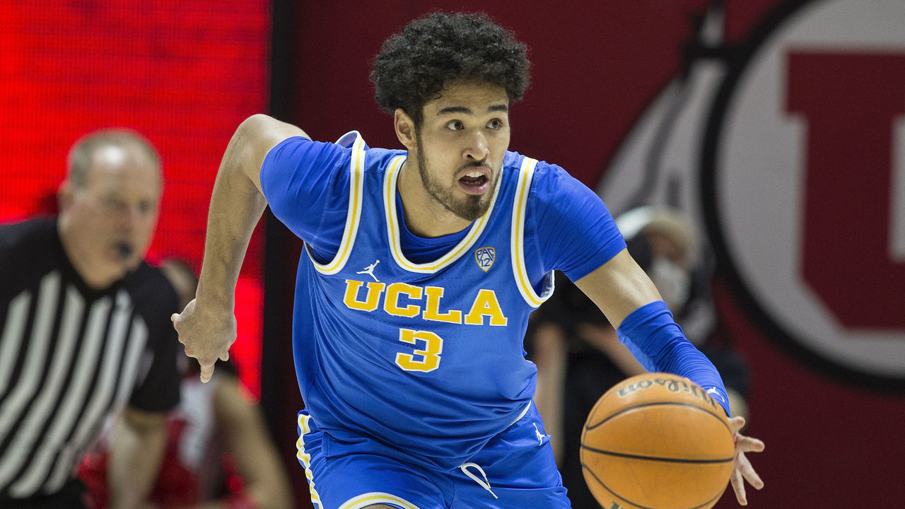 SALT LAKE CITY, UT - JANUARY 20: Johnny Juzang #3 of the UCLA Bruins rushes the ball up the court against the Utah Utes during the second half of the game at the Jon M. Huntsman Center on January 20, 2022 in Salt Lake City, Utah.