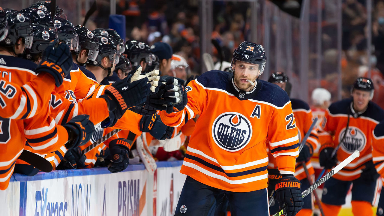 EDMONTON, AB - JANUARY 22: Leon Draisaitl #29 of the Edmonton Oilers celebrates a goal against the Calgary Flames during the third period at Rogers Place on January 22, 2022 in Edmonton, Canada.
