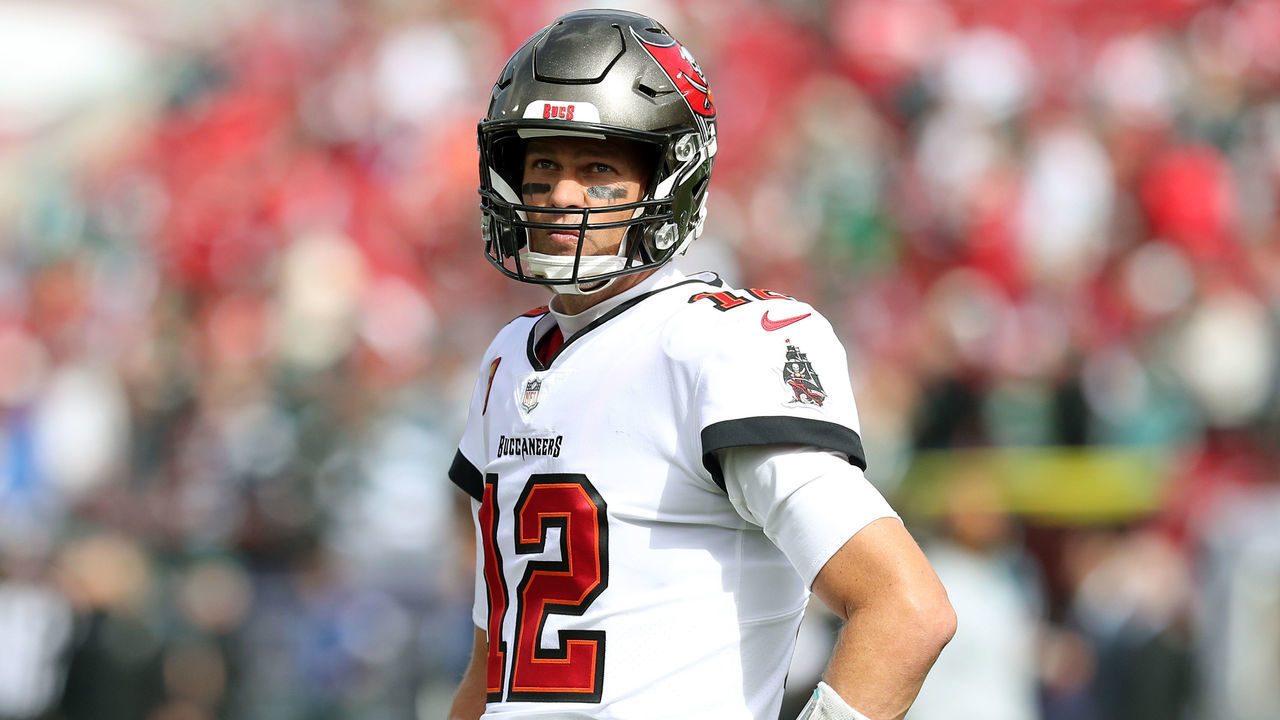 TAMPA, FL - JANUARY 16: Tampa Bay Buccaneers Quarterback Tom Brady (12) looks into the stands before the NFL Wild Card game between the Philadelphia Eagles and the Tampa Bay Buccaneers on January 16, 2022 at Raymond James Stadium in Tampa, Florida.
