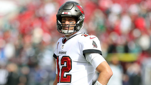TAMPA, FL - JANUARY 16: Tampa Bay Buccaneers Quarterback Tom Brady (12) looks into the stands before the NFL Wild Card game between the Philadelphia Eagles and the Tampa Bay Buccaneers on January 16, 2022 at Raymond James Stadium in Tampa, Florida.