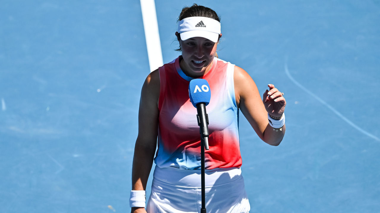 MELBOURNE, AUSTRALIA - JANUARY 23: Jessica Pegula of the United States is interviewed after her victory over Maria Sakkari of Greece during day seven of the 2022 Australian Open at Melbourne Park on January 23, 2022 in Melbourne, Australia.