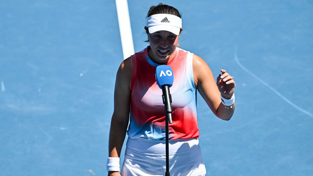 MELBOURNE, AUSTRALIA - JANUARY 23: Jessica Pegula of the United States is interviewed after her victory over Maria Sakkari of Greece during day seven of the 2022 Australian Open at Melbourne Park on January 23, 2022 in Melbourne, Australia.