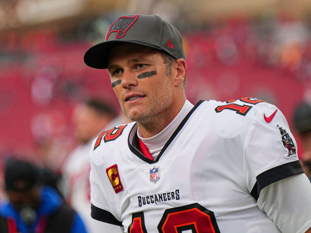 TAMPA, FL - JANUARY 16: Tampa Bay Buccaneers quarterback Tom Brady (12) looks on during the game between the Philadelphia Eagles and the Tampa Bay Buccaneers on January 16, 2022 at Raymond James Stadium in Tampa, FL.