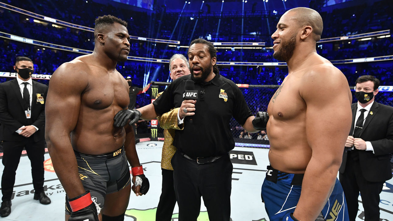 ANAHEIM, CALIFORNIA - JANUARY 22: (L-R) Opponents Francis Ngannou of Cameroon and Ciryl Gane of France face off prior to their UFC heavyweight championship fight during the UFC 270 event at Honda Center on January 22, 2022 in Anaheim, California.