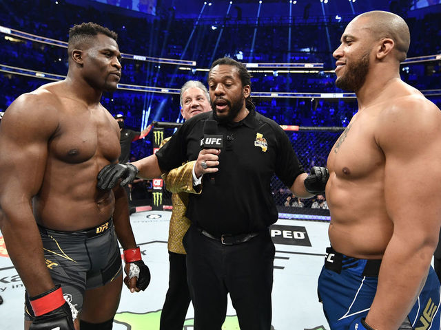 ANAHEIM, CALIFORNIA - JANUARY 22: (L-R) Opponents Francis Ngannou of Cameroon and Ciryl Gane of France face off prior to their UFC heavyweight championship fight during the UFC 270 event at Honda Center on January 22, 2022 in Anaheim, California.
