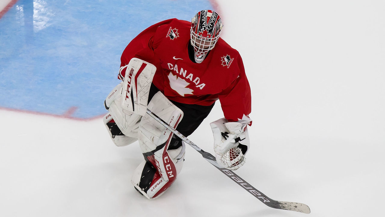 EDMONTON, AB - JANUARY 04: Goaltender Devon Levi #1 of Canada skates against Russia during the 2021 IIHF World Junior Championship semifinals at Rogers Place on January 4, 2021 in Edmonton, Canada.