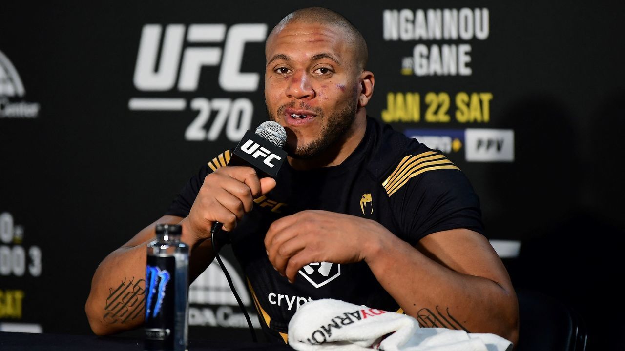 France's Ciryl Gane takes questions in the press room following his defeat to Cameroon's Francis Ngannou in their UFC 270 championship fight in Anaheim on January 22, 2022.