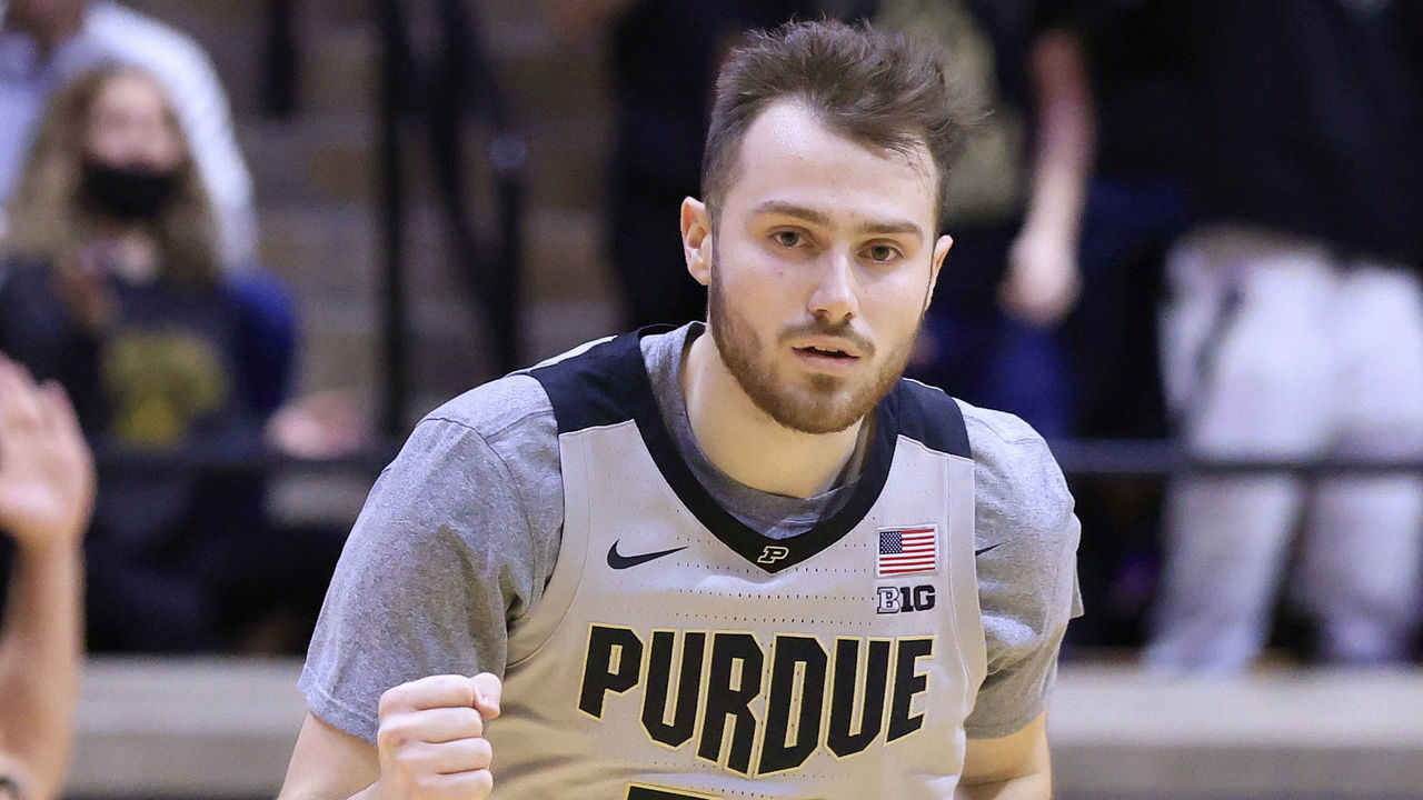 WEST LAFAYETTE, INDIANA - JANUARY 23: Sasha Stefanovic #55 of the Purdue Boilermakers reacts after making a three-point shot during the first half in the game against the Northwestern Wildcats at Mackey Arena on January 23, 2022 in West Lafayette, Indiana.