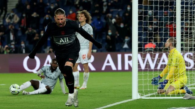 Paris Saint-Germain's Spanish defender Sergio Ramos celebrates after scoring a goal during the French L1 football match between Paris Saint-Germain (PSG) and Reims at the Parc des Princes stadium in Paris on January 23, 2022.