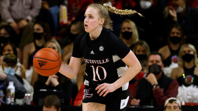 RALEIGH, NC - JANUARY 20: Hailey Van Lith #10 of the Louisville Cardinals dribbles up court against the NC State Wolfpack at Reynolds Coliseum on January 20, 2022 in Raleigh, North Carolina. NC State won 68-59.