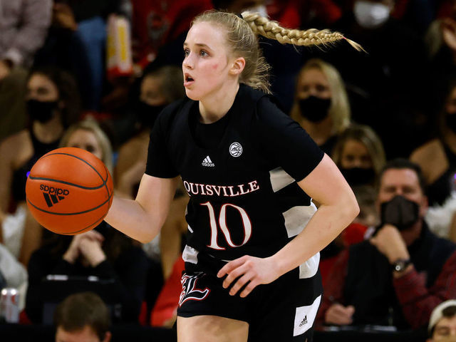 RALEIGH, NC - JANUARY 20: Hailey Van Lith #10 of the Louisville Cardinals dribbles up court against the NC State Wolfpack at Reynolds Coliseum on January 20, 2022 in Raleigh, North Carolina. NC State won 68-59.