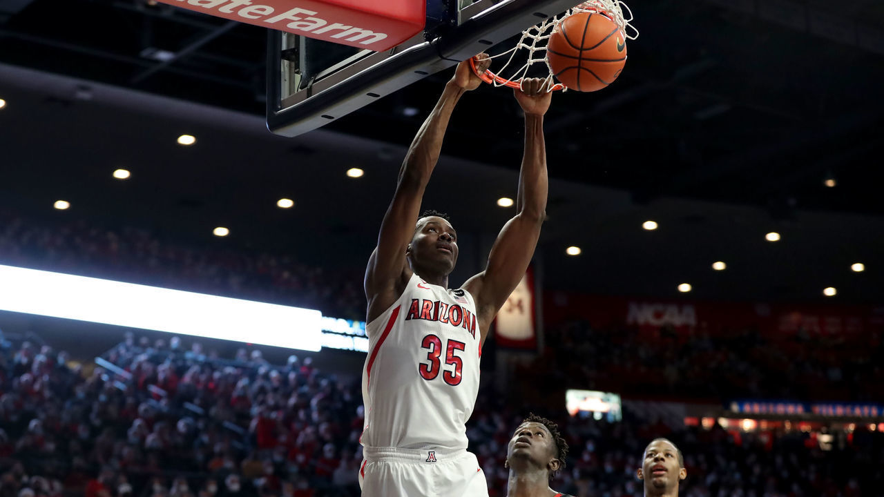 TUCSON, AZ - JANUARY 15: University of Arizona Wildcats center #35 Christian Koloko during the first half of a basketball game between the Utah Utes and the Arizona Wildcats on January 15, 2022, at McKale Center in Tucson, Arizona.