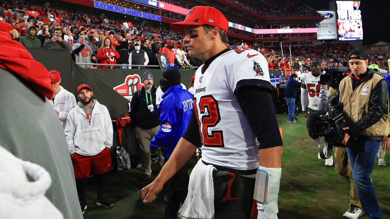 TAMPA, FLORIDA - JANUARY 23: Tom Brady #12 of the Tampa Bay Buccaneers reacts after being defeated by the Los Angeles Rams 30-27 in the NFC Divisional Playoff game at Raymond James Stadium on January 23, 2022 in Tampa, Florida.