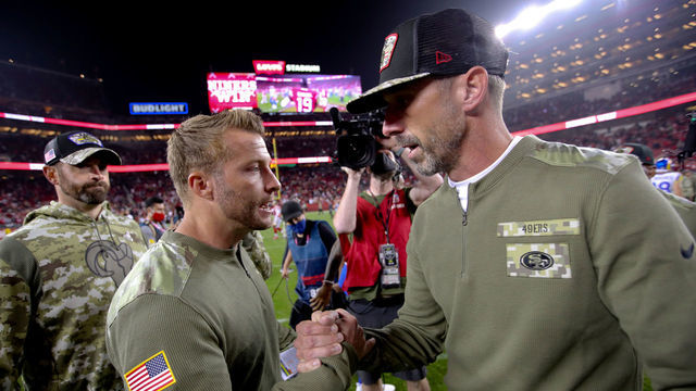 SANTA CLARA, CA - NOVEMBER 15: Head Coach Sean McVay of the Los Angeles Rams and Head Coach Kyle Shanahan of the San Francisco 49ers shake hands on the field after the game at Levi's Stadium on November 15, 2021 in Santa Clara, California. The 49ers defeated the Rams 31-10.