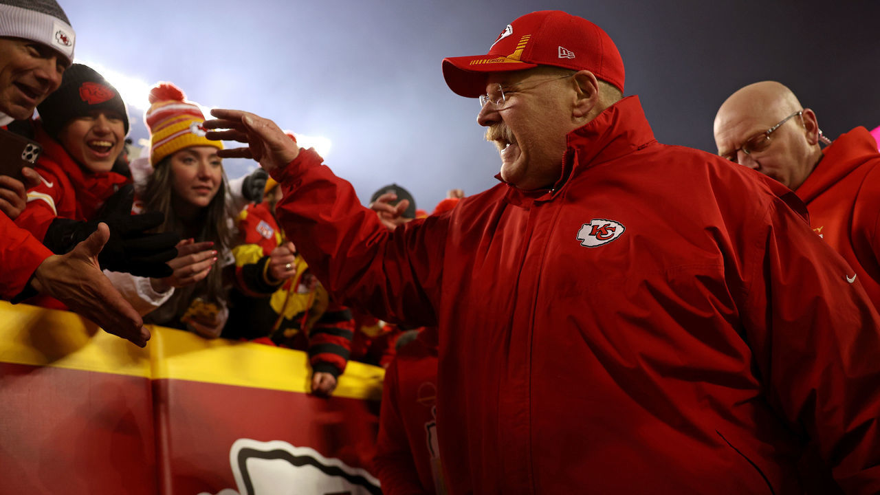KANSAS CITY, MISSOURI - JANUARY 23: Head coach Andy Reid of the Kansas City Chiefs celebrates with fans after defeating the Buffalo Bills in the AFC Divisional Playoff game at Arrowhead Stadium on January 23, 2022 in Kansas City, Missouri. The Kansas City Chiefs defeated the Buffalo Bills with a score of 42 to 36.