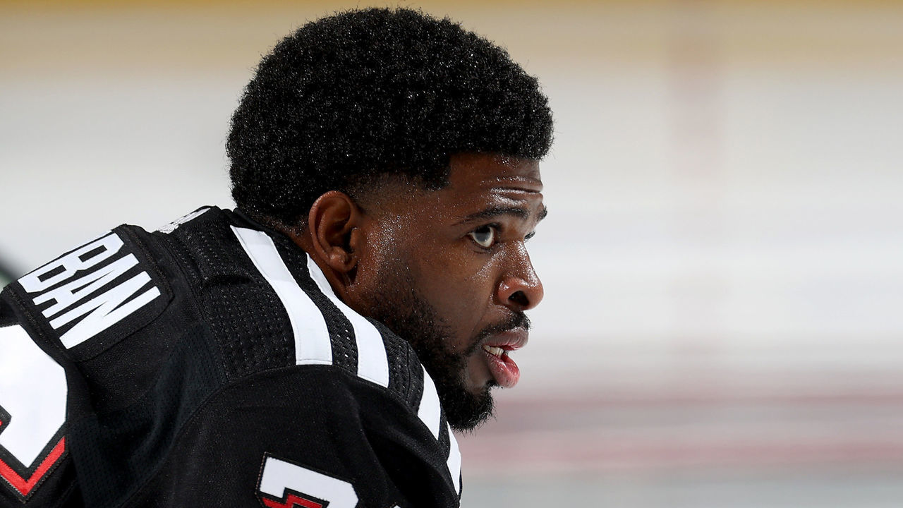 NEWARK, NEW JERSEY - JANUARY 06: P.K. Subban #76 of the New Jersey Devils stretches during warm ups before the game against the Columbus Blue Jackets at Prudential Center on January 06, 2022 in Newark, New Jersey.