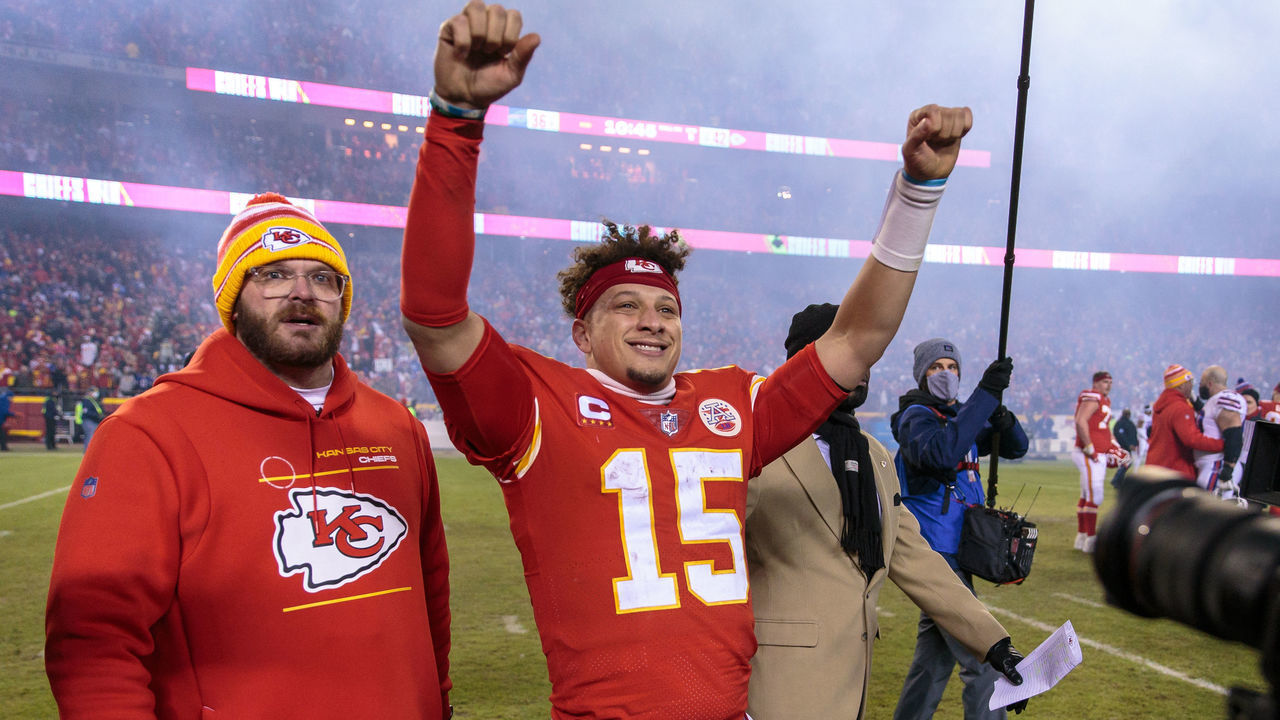 KANSAS CITY, MO - JANUARY 23: Kansas City Chiefs quarterback Patrick Mahomes (15) celebrates after the AFC Divisional Round playoff game against the Buffalo Bills on January 23rd, 2022 at Arrowhead Stadium in Kansas City, Missouri.