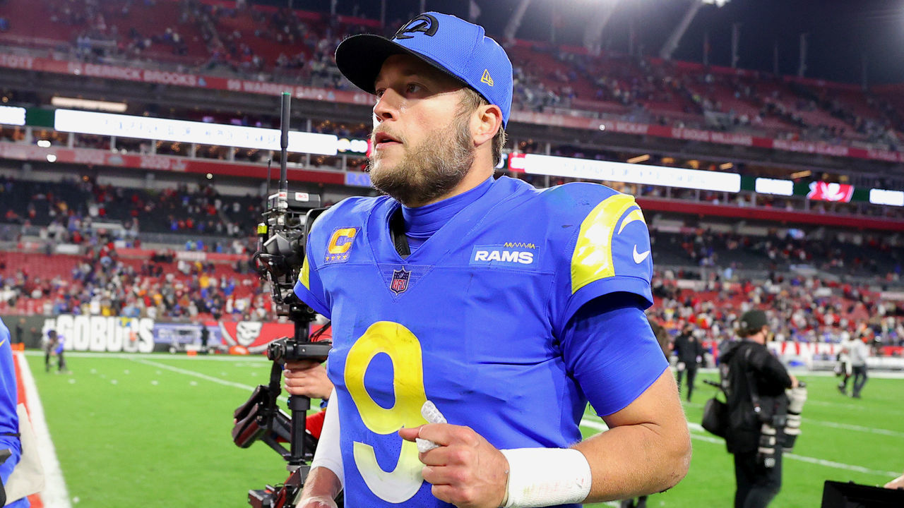 TAMPA, FLORIDA - JANUARY 23: Matthew Stafford #9 of the Los Angeles Rams reacts after defeating the Tampa Bay Buccaneers 30-27 in the NFC Divisional Playoff game at Raymond James Stadium on January 23, 2022 in Tampa, Florida.