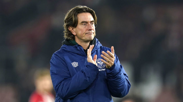 Brentford manager Thomas Frank applauds the fans after the Premier League match at St Mary's Stadium, Southampton. Picture date: Tuesday January 11, 2022.