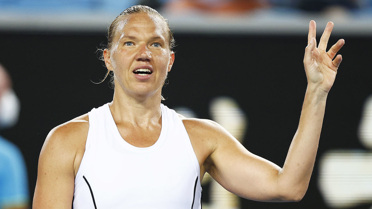 MELBOURNE, AUSTRALIA - JANUARY 24: Kaia Kanepi of Estonia celebrates winning her round four womens singles match against Aryna Sabalenka of Belarus during day eight of the 2022 Australian Open at Melbourne Park on January 24, 2022 in Melbourne, Australia.