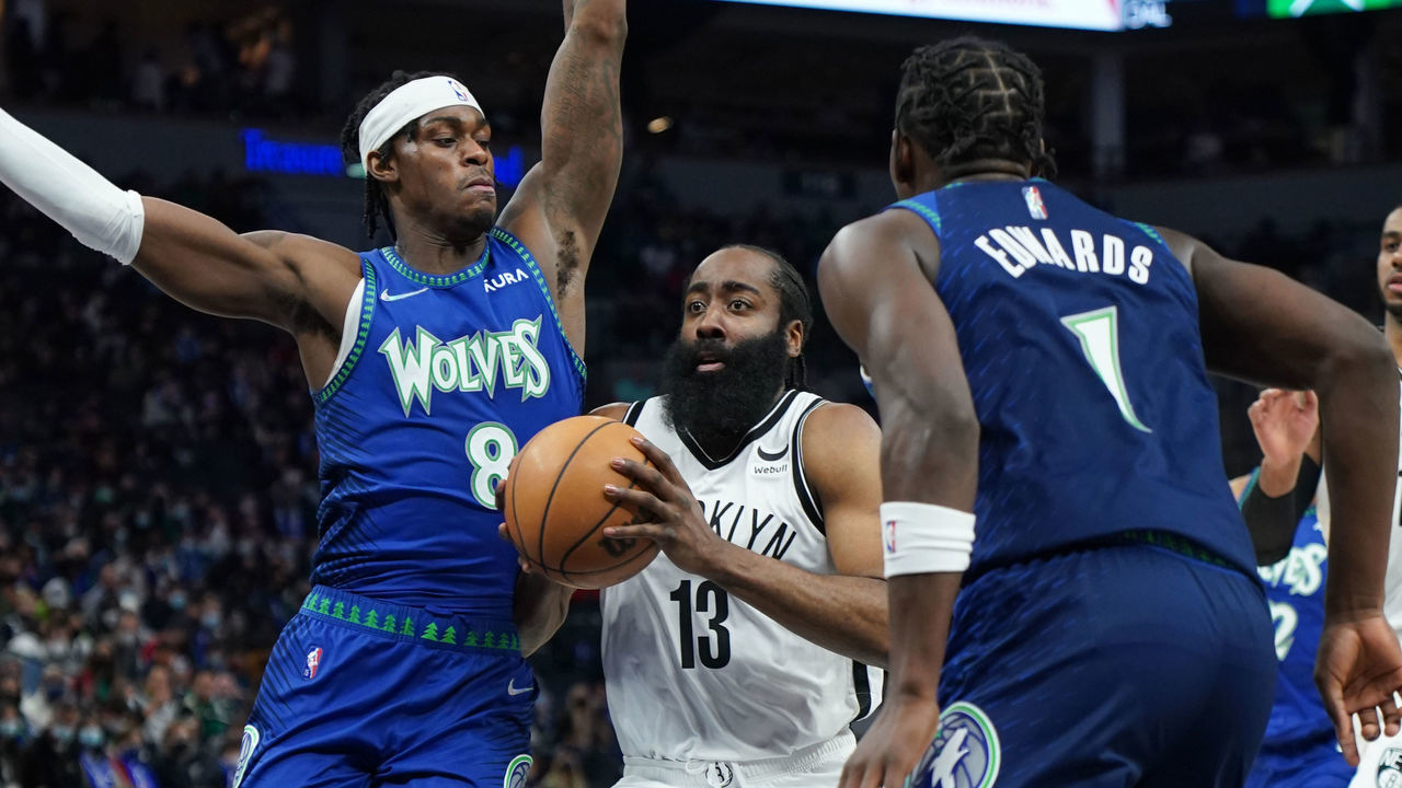 MINNEAPOLIS, MN - JANUARY 23: James Harden #13 of the Brooklyn Nets drives to the basket during the game against the Minnesota Timberwolves on January 23, 2022 at Target Center in Minneapolis, Minnesota. Mandatory Copyright Notice: Copyright 2022 NBAE