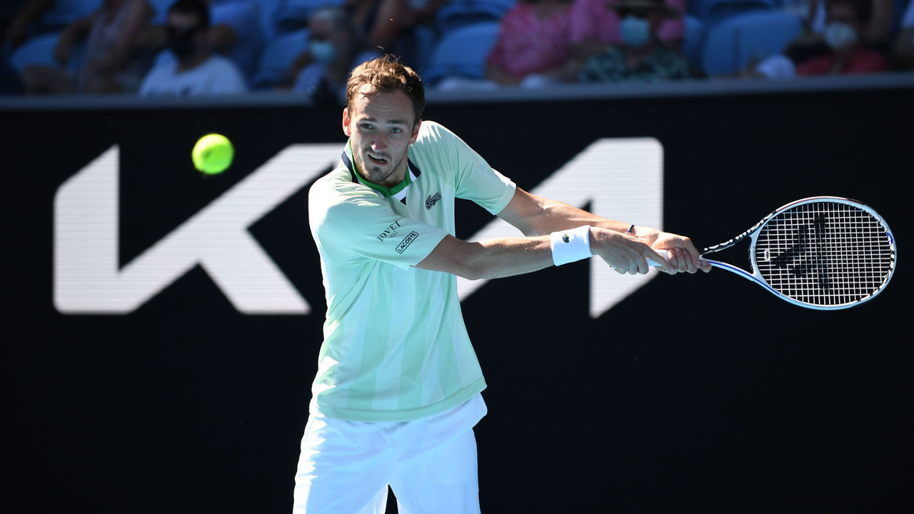 MELBOURNE, AUSTRALIA - JANUARY 24: Daniil Medvedev of Russia in action during his match against Maxime Cressy (not seen) of United States at the Australian Open Grand Slam tennis tournament at Melbourne Park, in Melbourne, Australia on January 24, 2022.