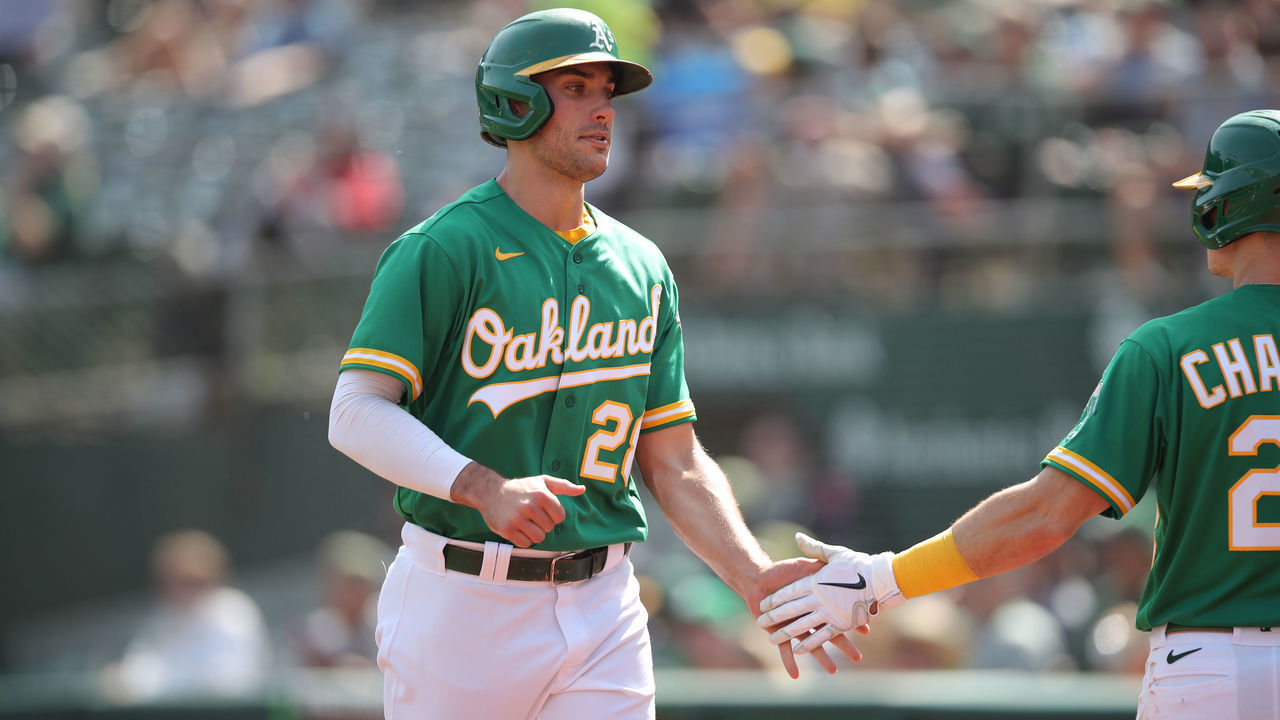 OAKLAND, CA - SEPTMEBER 23: Matt Olson #28 of the Oakland Athletics during the game against the Seattle Mariners at RingCentral Coliseum on September 23, 2021 in Oakland, California. The Mariners defeated the Athletics 6-5.