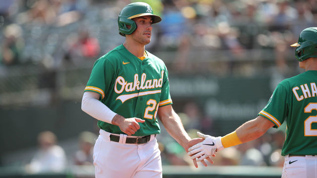 OAKLAND, CA - SEPTMEBER 23: Matt Olson #28 of the Oakland Athletics during the game against the Seattle Mariners at RingCentral Coliseum on September 23, 2021 in Oakland, California. The Mariners defeated the Athletics 6-5.