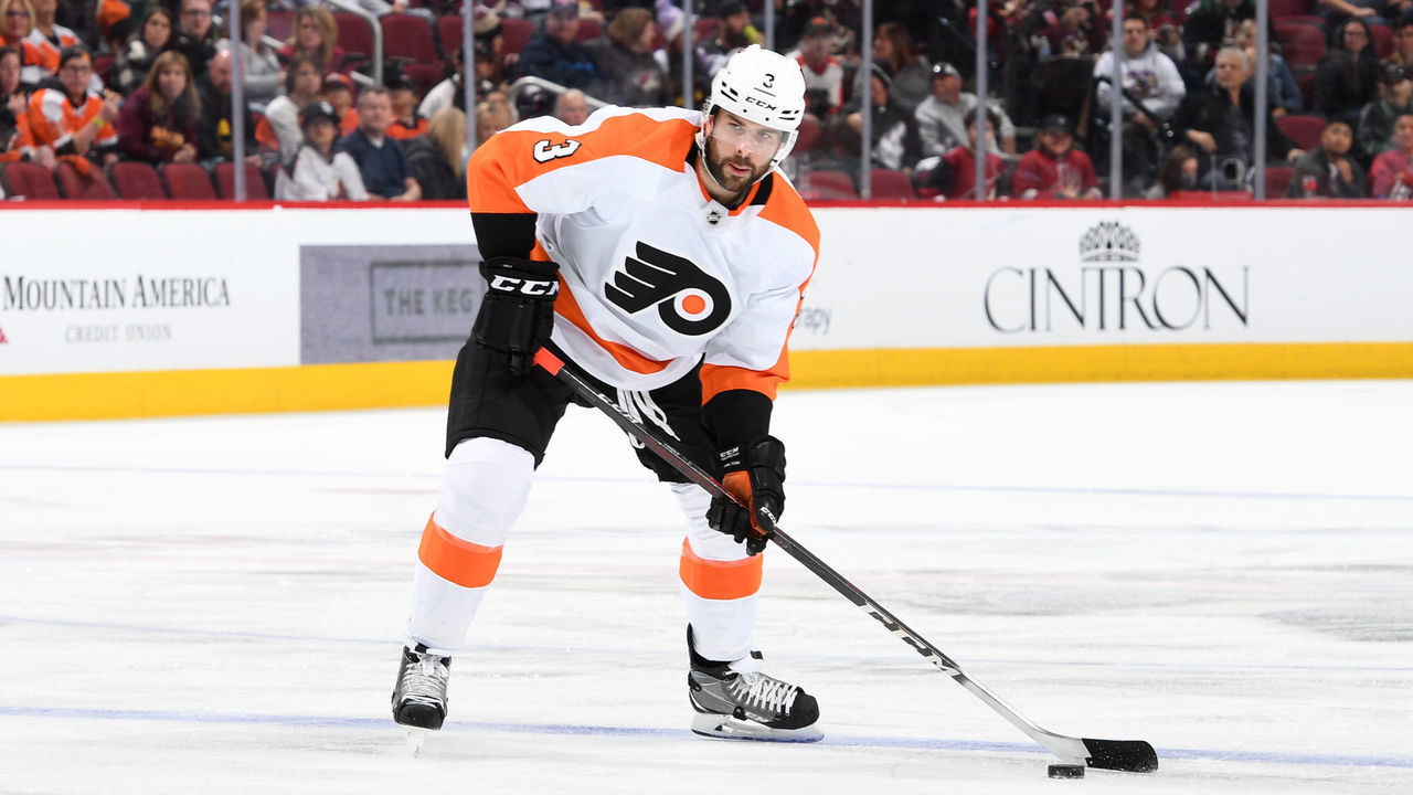 GLENDALE, ARIZONA - DECEMBER 11: Keith Yandle #3 of the Philadelphia Flyers looks to pass the puck against the Arizona Coyotes at Gila River Arena on December 11, 2021 in Glendale, Arizona.