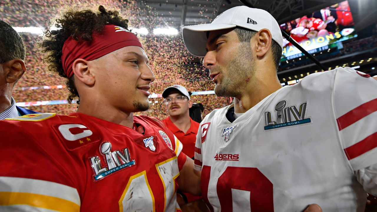 MIAMI GARDENS, FL - FEBRUARY 2: San Francisco 49ers' quarterback Jimmy Garoppolo (10) congratulates Kansas City Chiefs' quarterback Patrick Mahomes (15) after Super Bowl LIV at Hard Rock Stadium in Miami Gardens, Fla., on Sunday, Feb. 2, 2020. The Kansas City Chiefs defeated the San Francisco 49ers 31-20. (Jose Carlos Fajardo/MediaNews Group/The Mercury News via Getty Images)