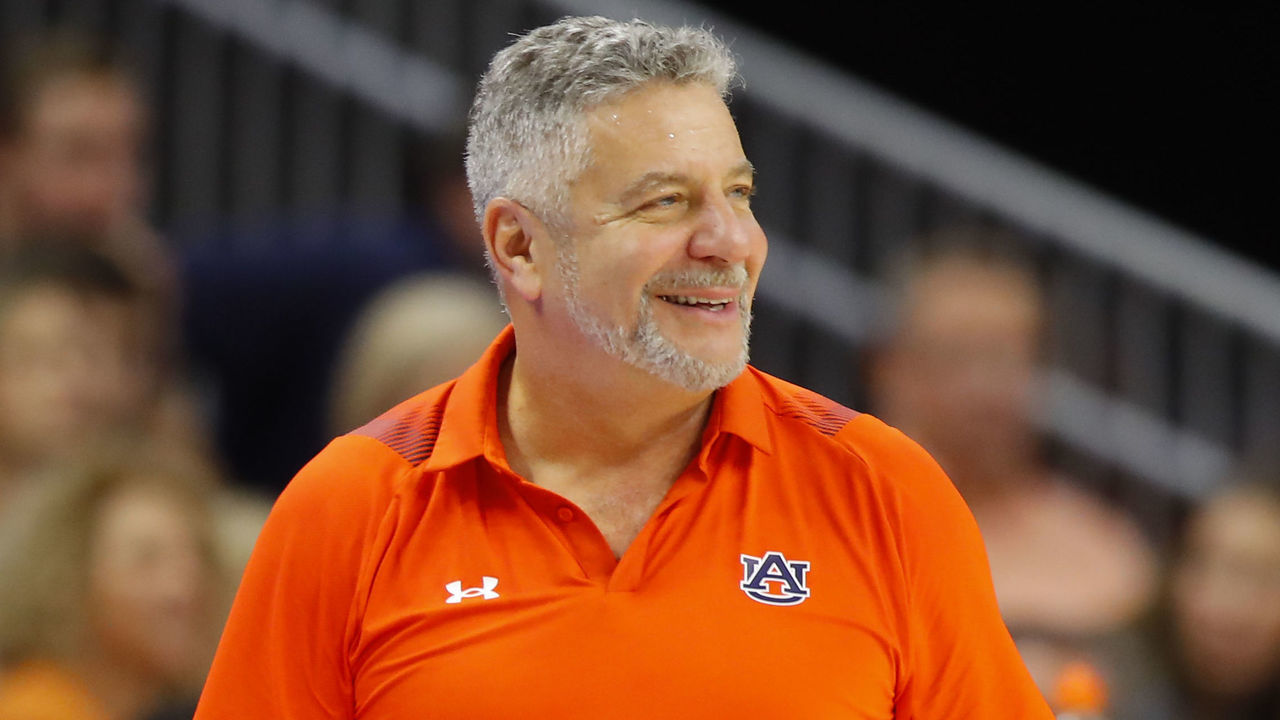 AUBURN, AL - JANUARY 22: Head coach Bruce Pearl of the Auburn Tigers reacts during the second half against the Kentucky Wildcats at Auburn Arena on January 22, 2022 in Auburn, Alabama.