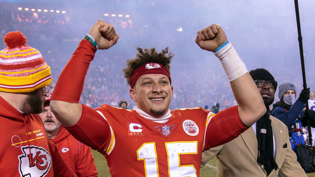 KANSAS CITY, MO - JANUARY 23: Kansas City Chiefs quarterback Patrick Mahomes (15) celebrates after the AFC Divisional Round playoff game against the Buffalo Bills on January 23rd, 2022 at Arrowhead Stadium in Kansas City, Missouri.