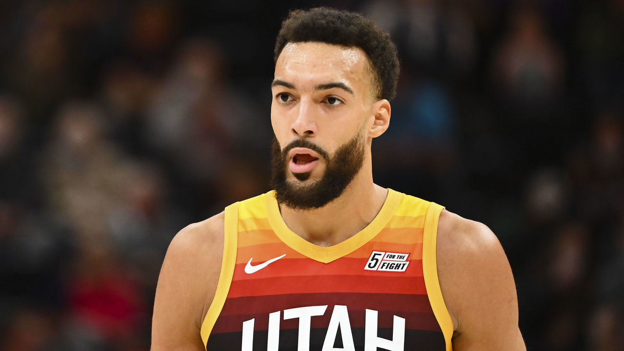 SALT LAKE CITY, UTAH - JANUARY 19: Rudy Gobert #27 of the Utah Jazz looks on during the second half of a game against the Houston Rockets at Vivint Smart Home Arena on January 19, 2022 in Salt Lake City, Utah.