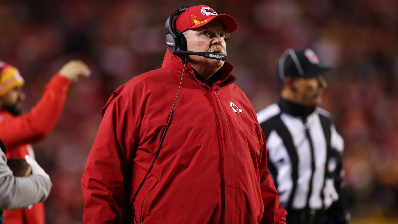 KANSAS CITY, MISSOURI - JANUARY 16: Head Coach Andy Reid of the Kansas City Chiefs looks on during the first quarter of the game against the Pittsburgh Steelers in the NFC Wild Card Playoff game at Arrowhead Stadium on January 16, 2022 in Kansas City, Missouri.