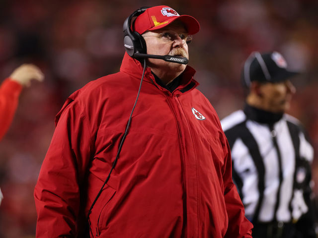 KANSAS CITY, MISSOURI - JANUARY 16: Head Coach Andy Reid of the Kansas City Chiefs looks on during the first quarter of the game against the Pittsburgh Steelers in the NFC Wild Card Playoff game at Arrowhead Stadium on January 16, 2022 in Kansas City, Missouri.
